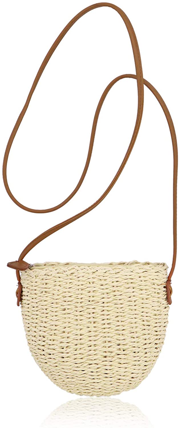 Price:$20.99 QTKJ Women Straw Zip Shoulder Bag Summer Beach Mini Crossbody Handbag with Leather Shoulder Strap (Beige)  Handbags   