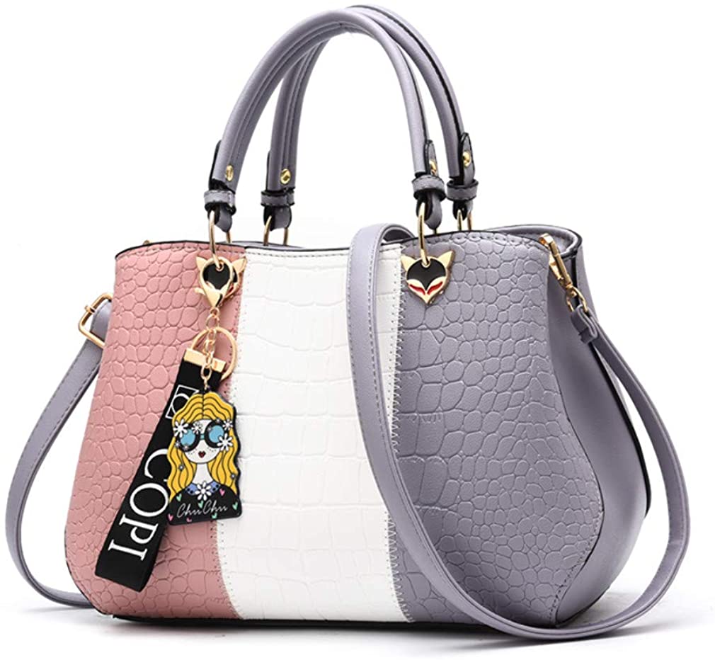 Price:$32.85    Ladies Handbags, Small Leather Designer Crossbody Satchel Bags for Women with Multiple Internal Pockets and Shoulder Strap (Pink & Grey)  Clothing