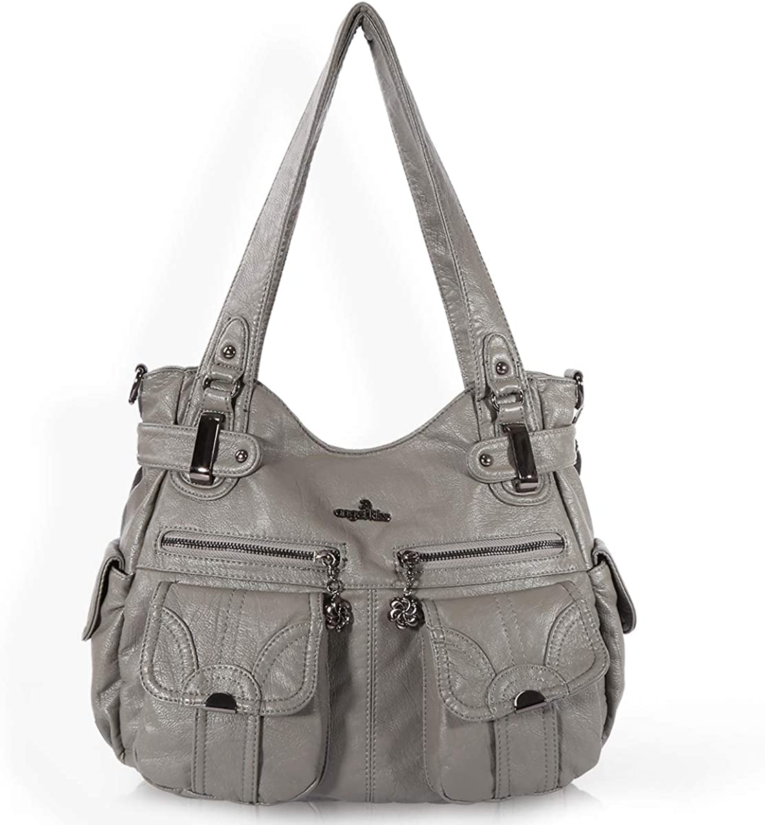 Price:$40.99    Women Handbags Shoulder Bags Washed Leather Satchel Tote Bag Mutipocket Purse (5739 Gray)  Clothing