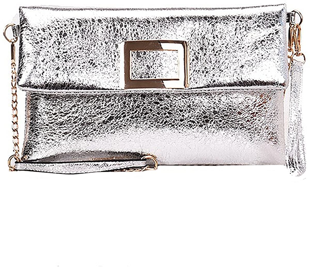 Price:$12.99 Heidi Women Faux Leather Evening Clutch Bag Foldover Wristlet Chain Shoulder Bag  Handbags   