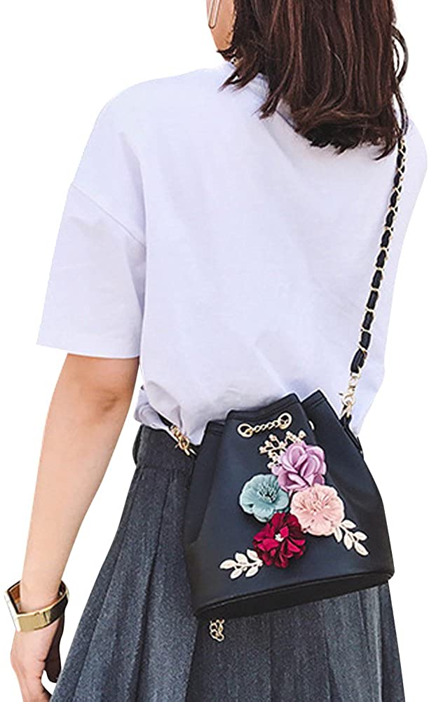 Price:$21.99 Bzybel Women Fashion 3D Flower Handle Satchel Handbags Shoulder Bag Top Handle Purse Designer Evening Party Bag (Black)  Handbags   