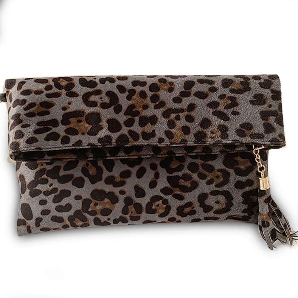 Price:$21.99 Tecing Womens Leopard Clutch Purse Tassel Evening Bags Faux Suede Fashion Crossbody Shoulder Bag Cocktail Prom Party Wedding Grey  Handbags   