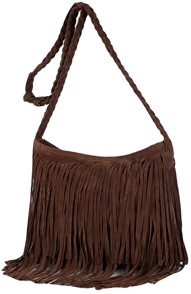 Price:$25.50 Felice Women Hippie Fringe Tassel Faux Suede Messenger Bag Boho Shoulder Bags (brown)  Handbags   