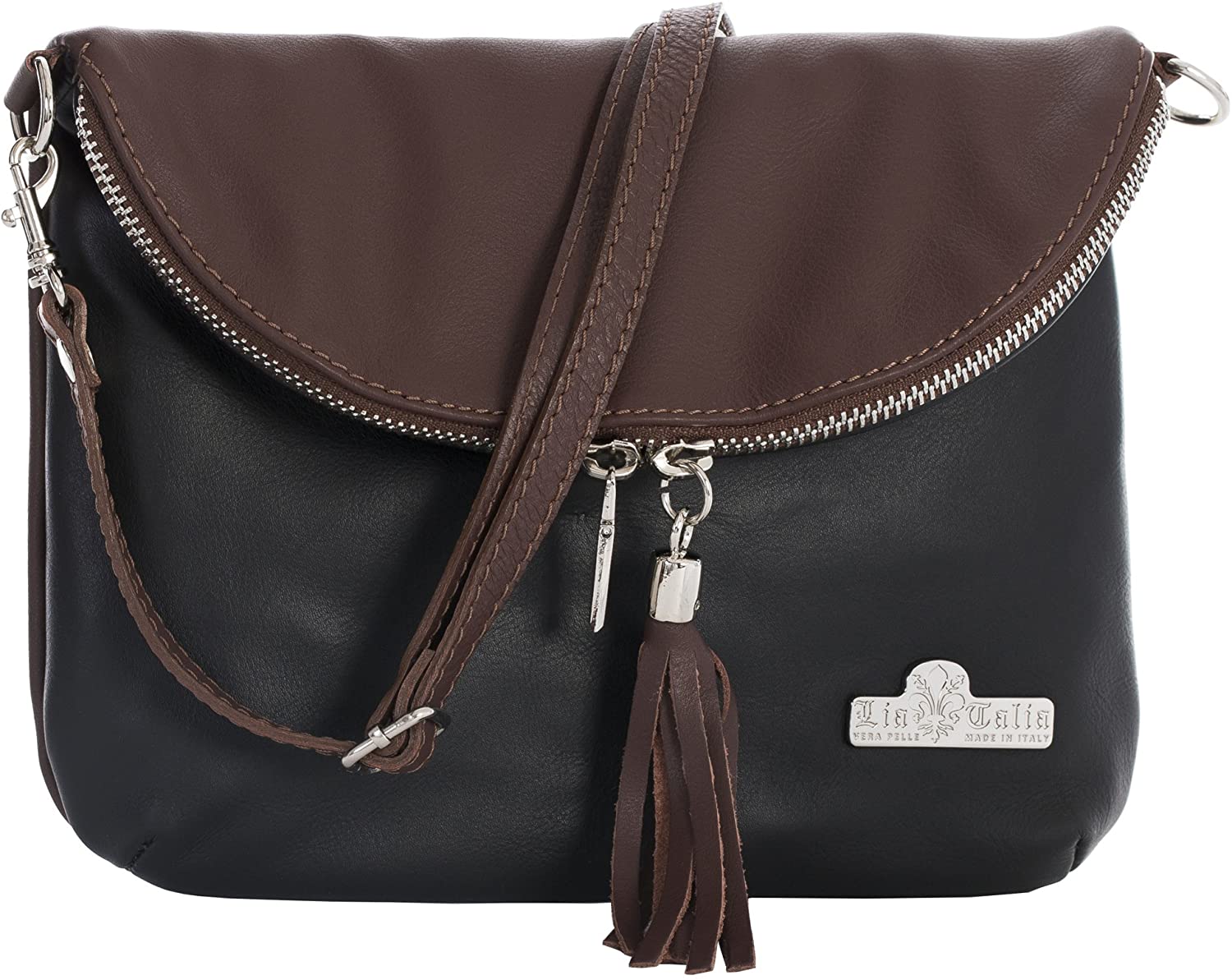 Price:$34.99 LiaTalia Real Italian Soft Leather Messenger Cross Body Shoulder Bag Mini/Small Size - AMY [Black - Brown Trim]  Handbags   