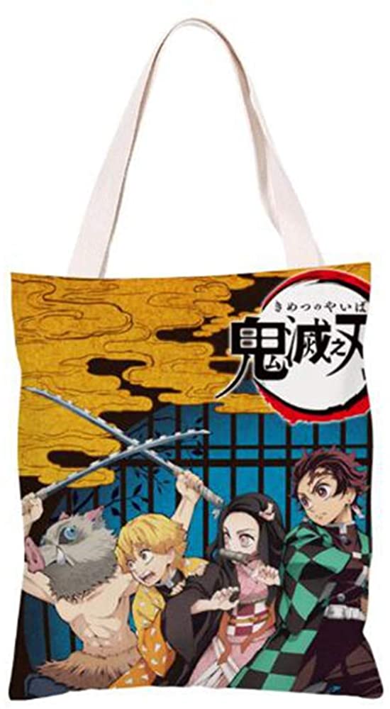 Price:$13.90    Anime Demon Slayer Shoulder Bag Shopping Bag Girl Black Canvas Bag Storge One Shoulder Handbag Canvas Fans Bag  Clothing