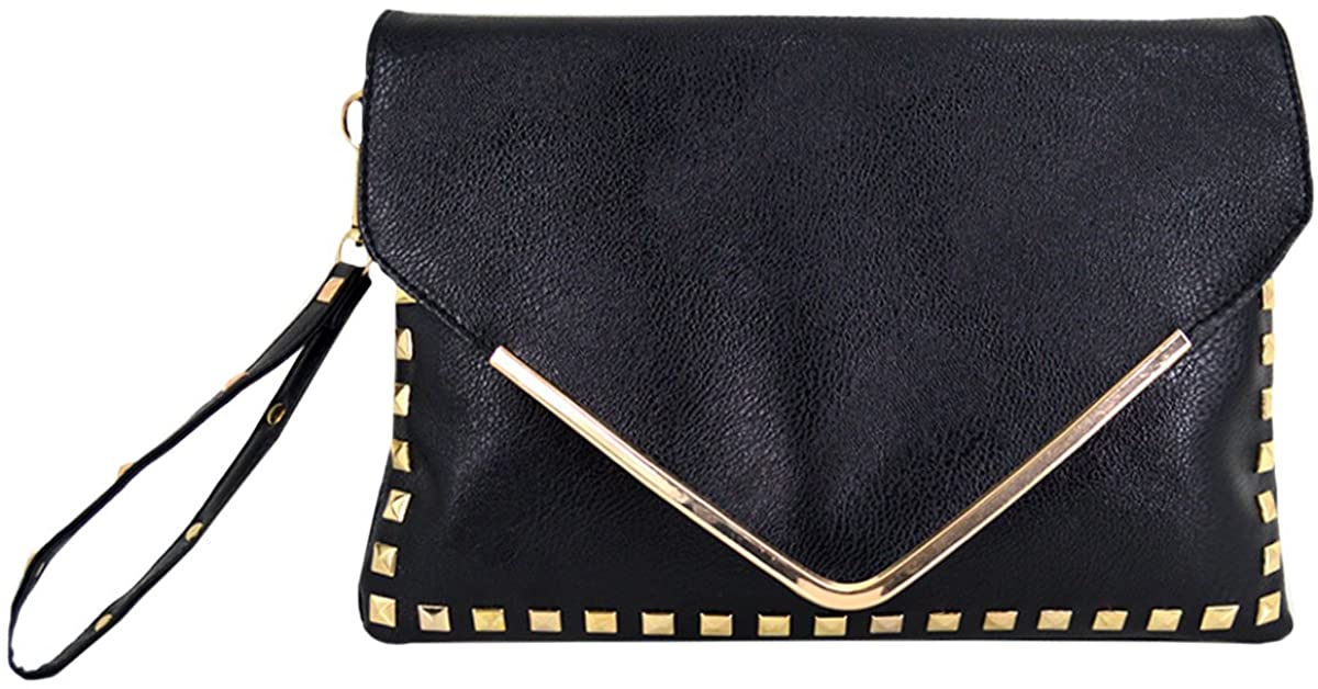 Price:$13.90    Rebecca Women Classic Rivets Handbag PU Leather Envelope Bag Portable Totes Evening Clutch Purse with Shoulder Strap (Black)  Clothing