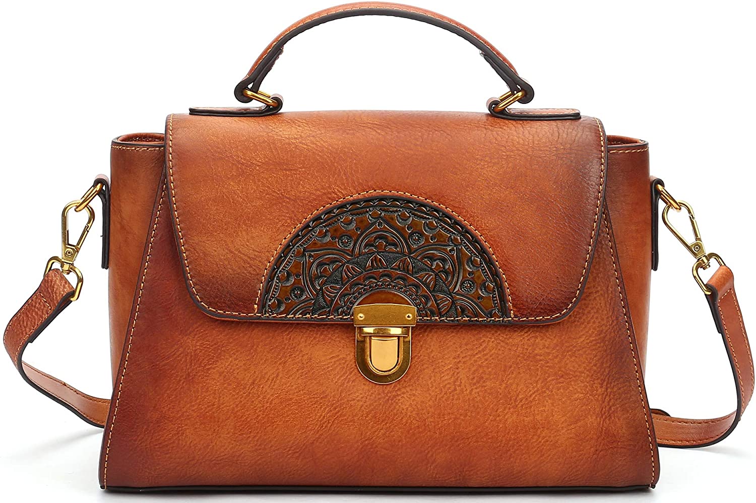 Price:$96.99    Women's Leather Handbags Vintage Embossed Tote Bag Handmade Shoulder Purse Ladies(Brown)  Clothing