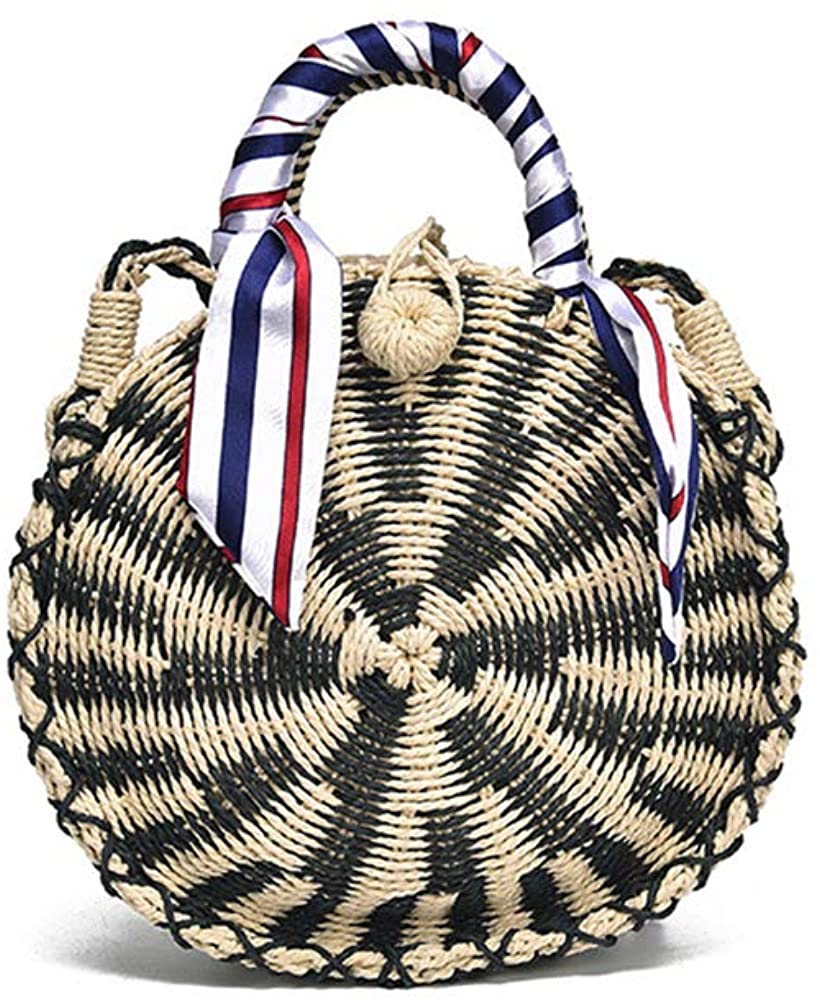 Price:$34.59    QTKJ Women Straw Summer Beach Tote Bag Hand-woven Round Rattan Bag Cross Body Bag Shoulder Messenger Satchel (Black&Beige)  Clothing