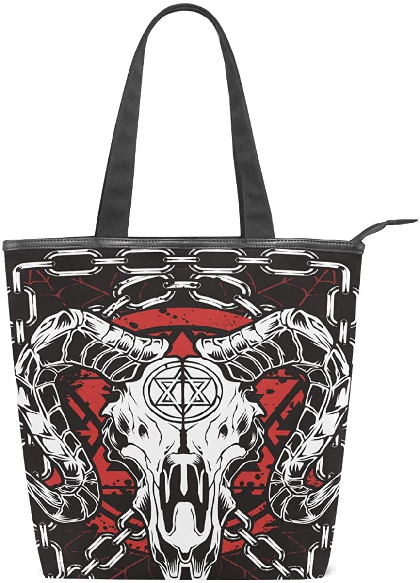 Price:$19.99    DERLONKAJE Women Devil Skull Baphomet Satanic Pentagram Canvas Shoulder Hand Bag Tote Bag  Clothing