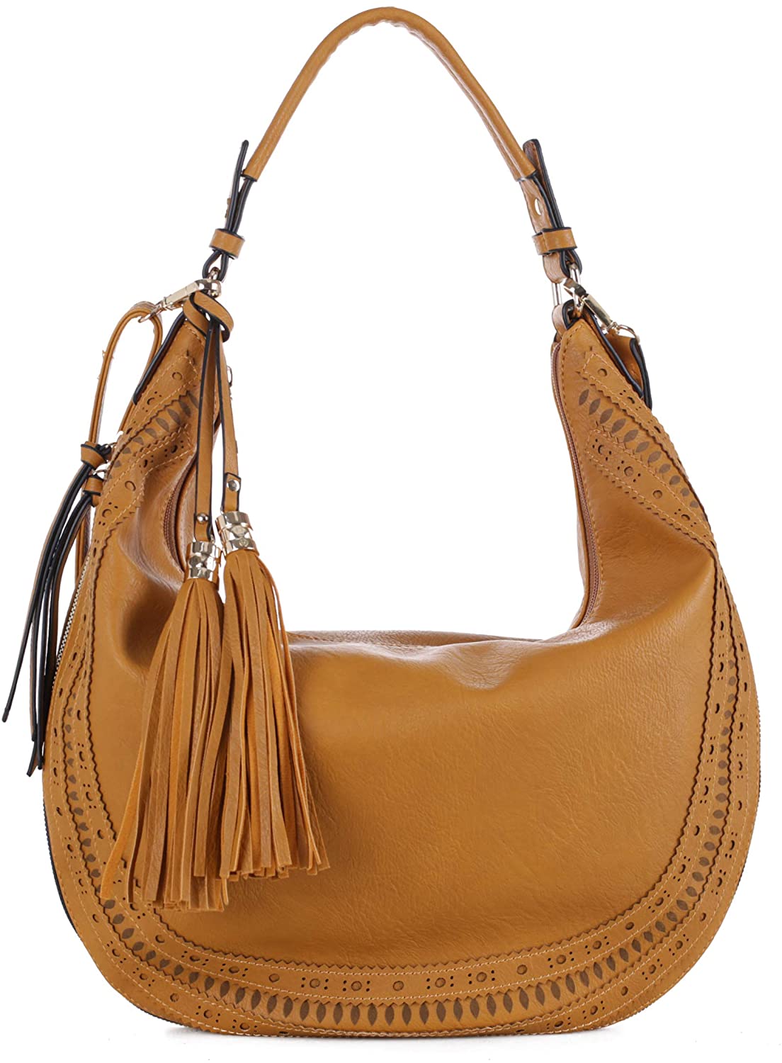 Price:$39.99    SG SUGU Fashion Double Tassel Large Hobo Shoulder Handbag Purse for Women| Lasercut MUSTARD  Clothing