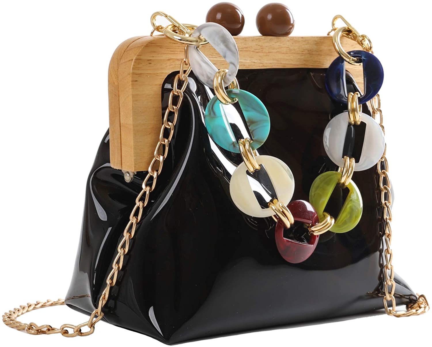 Price:$20.99 YUSHINY Women Transparent PVC Plastic Handbag Crossbody Durable Evening Bag with Removable Acrylic Curb Shoulder Strap (Black)  Handbags   