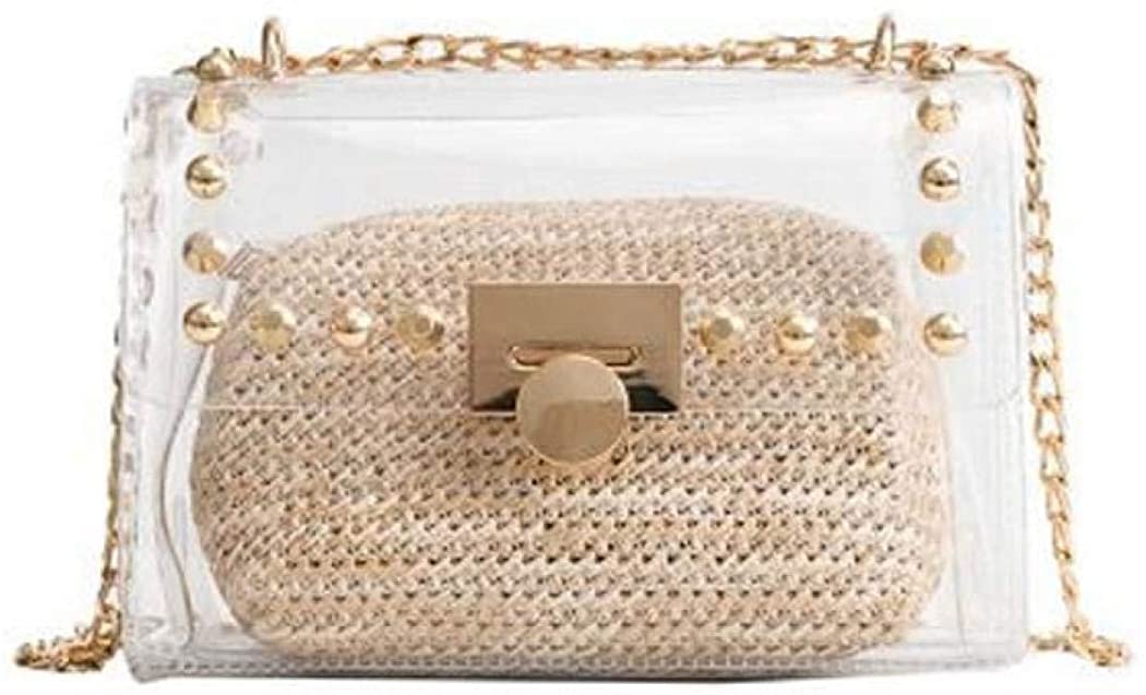 Price:$18.99    Transparent Clear Crossbody Bag for Women, Tote Bag with Chain Messenger Handbag Shoulder Bags Straw Purse (Khaki)  Clothing