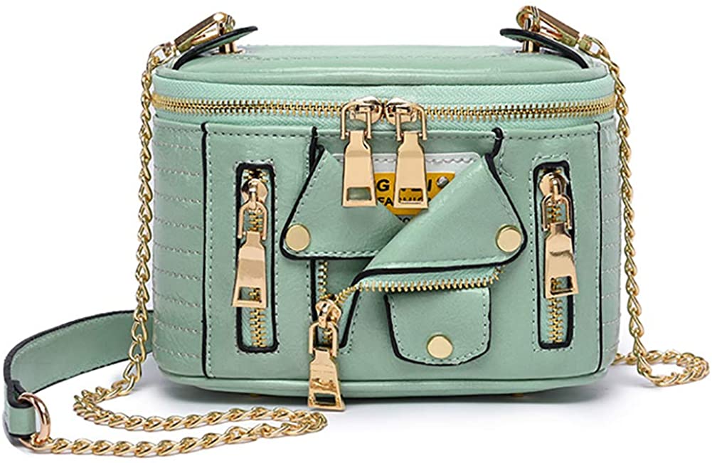 Price:$34.99    QZUnique Women's Retro Motorcycle Jacket Handbag Top Handle Zipper Crossbody Bag Metal Chain Shoulder Bag Green  Clothing