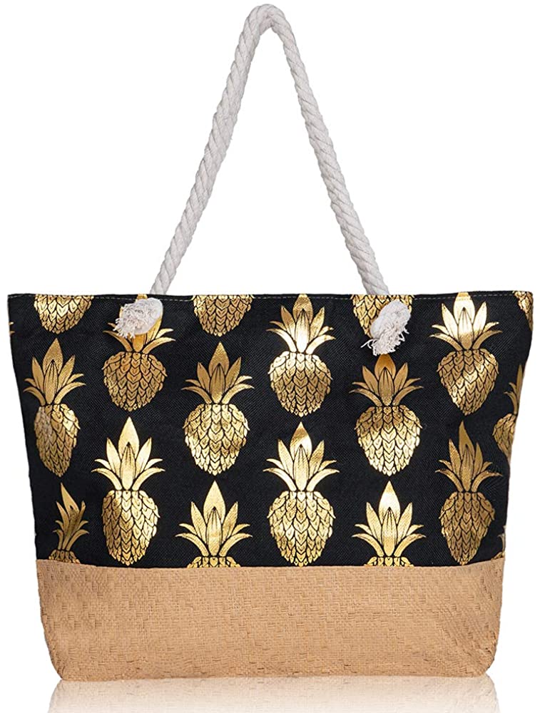 Price:$18.99    Large Women Tote Bag Premium Canvas Pineapple Printing Shoulder Bag with Inner Pocket Closure Top Zipper Cotton Rope Handles for Beach Shopping Holiday Work Travel,Black  Clothing