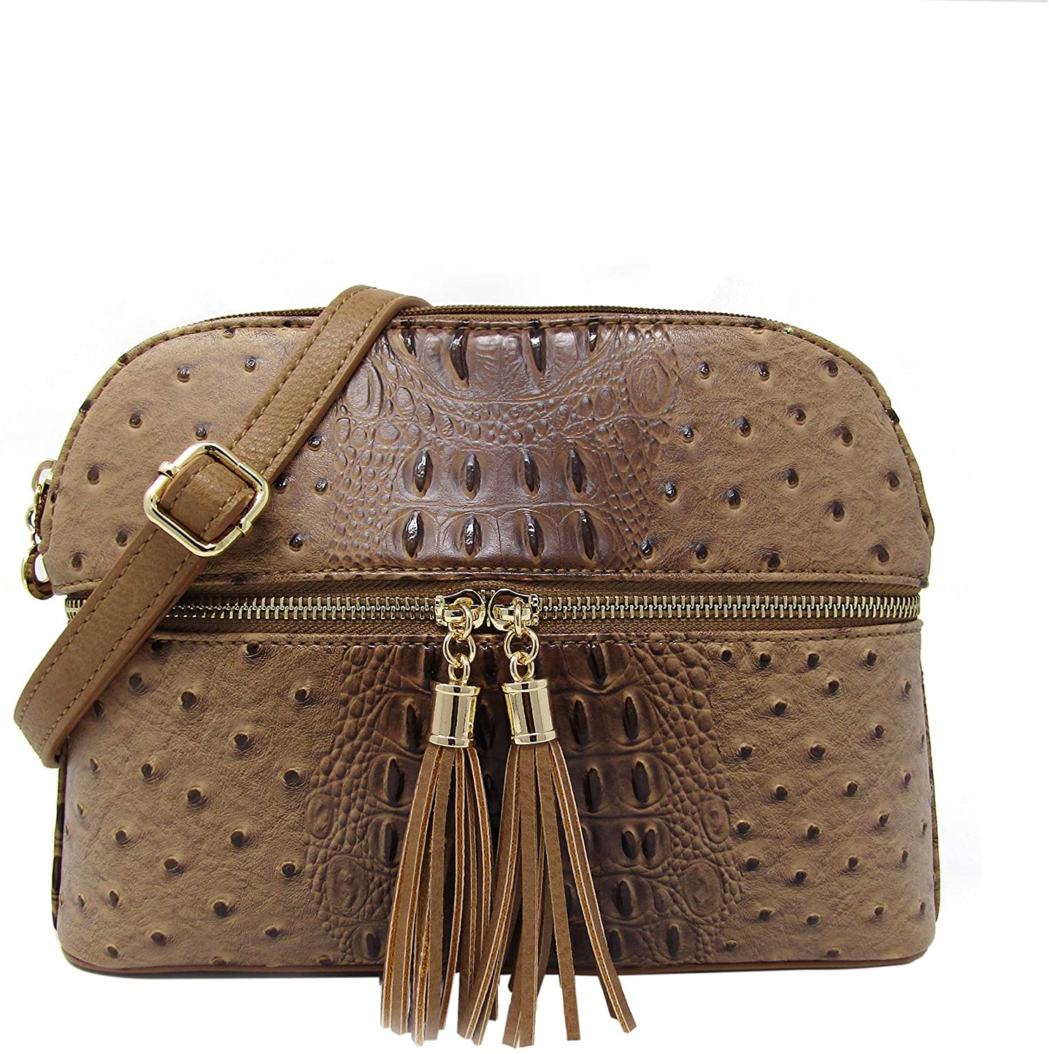 Price:$23.95 Crocodile Pattern Multi Compartment Dome Crossbody Bag and Shoulder Bag with Tassel-OS050(Stone)  Handbags   