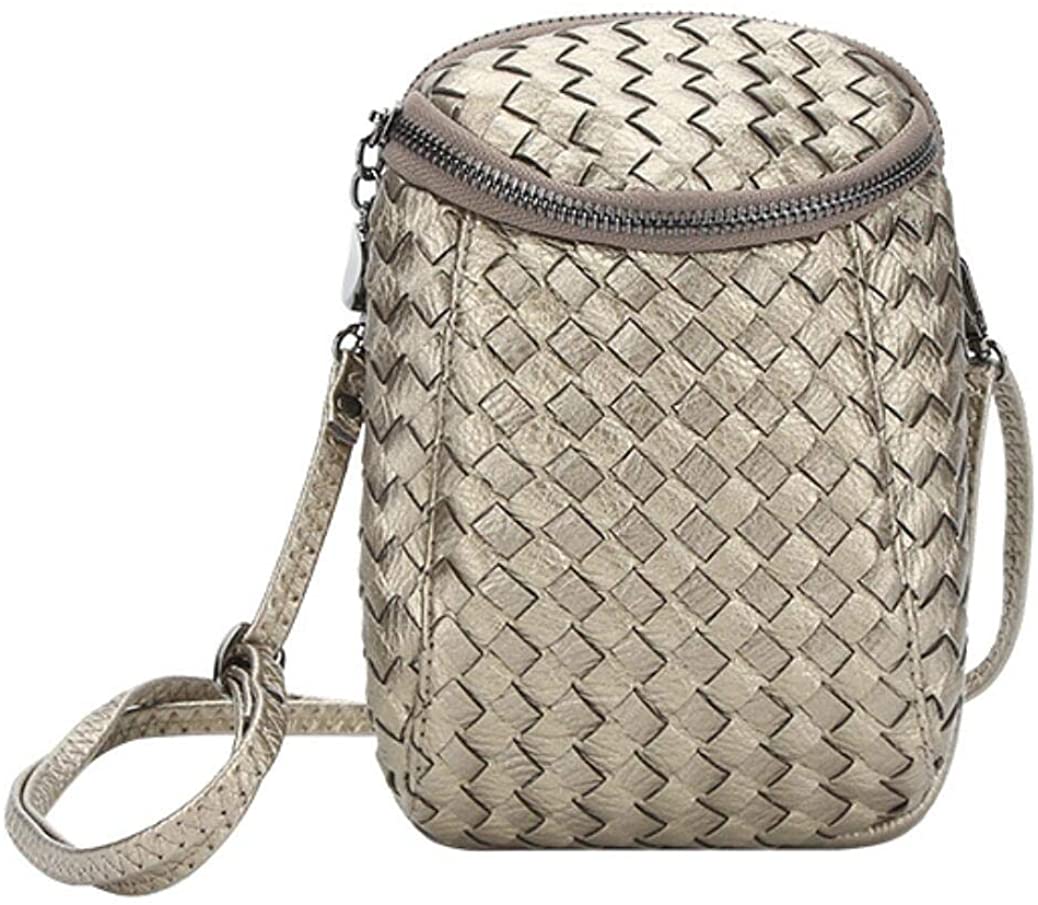 Price:$11.99 Women’s Dual Layers Woven Leather Crossbody Bag Girls Small Zipper Purse Shoulder Messenger Bag for iPhone 7s Plus (Champagne Gold)  Handbags   