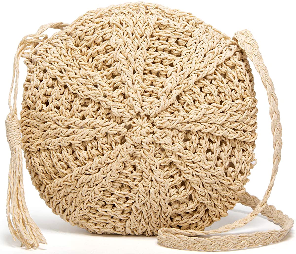Price:$11.99 Straw Crossbody Bag, Women Straw Shoulder Bag Summer Beach Straw Bag Purse For Travel Beige  Handbags   