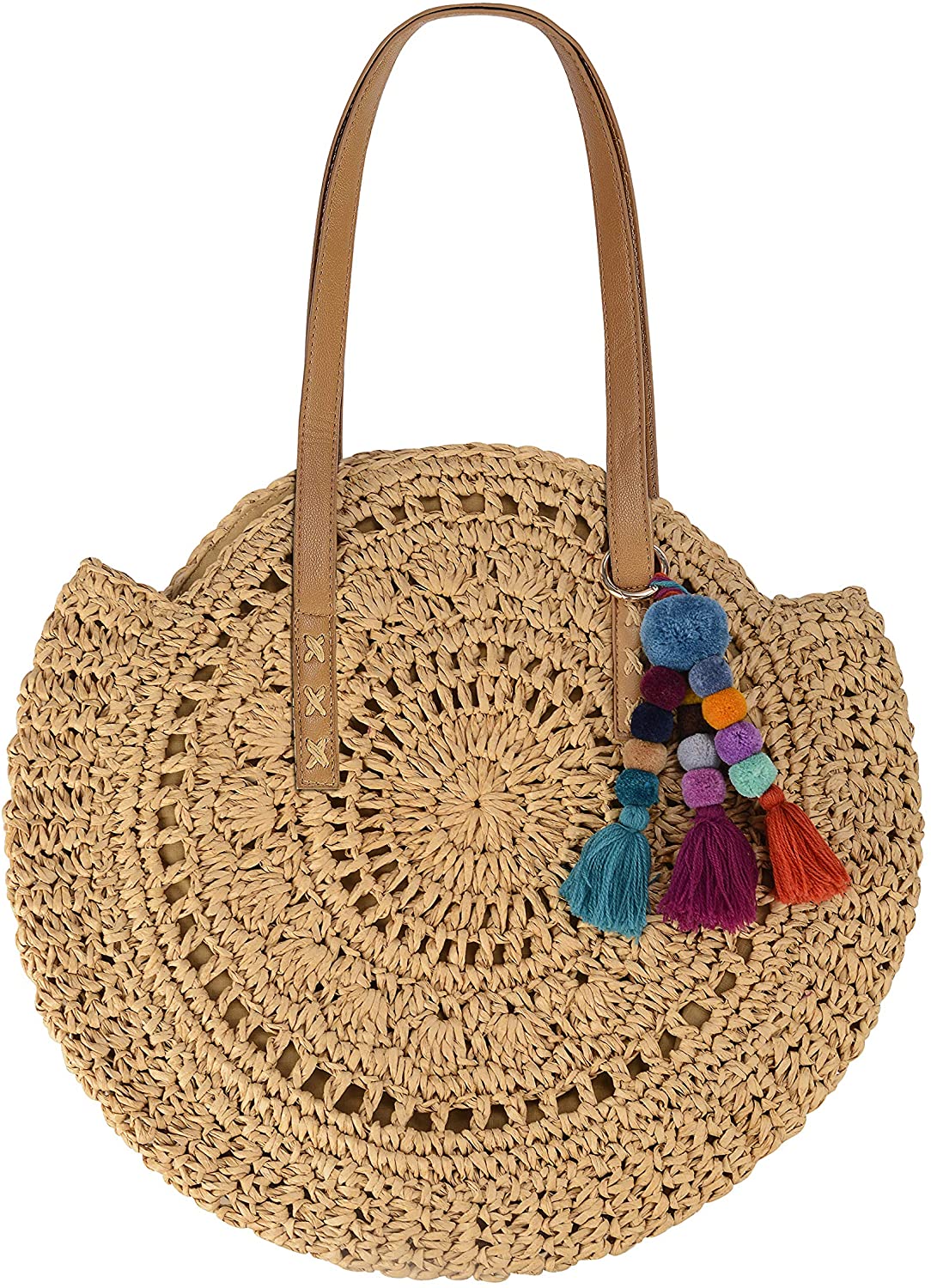 Price:$16.99    Beach Bag Straw Handbags for Women Natural Chic Large Round Bohemian Shoulder Hand Bag Wallet Purse with Boho Pom Pom Tassel Bag Charm Key Chain (Khaki)  Clothing