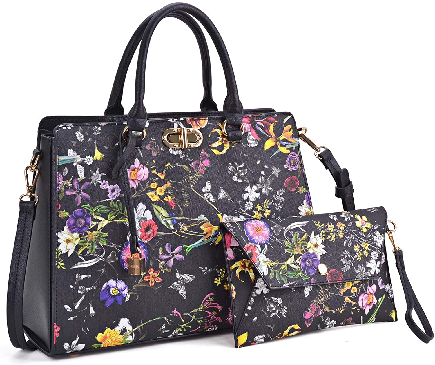 Price:$39.99    Satchel Handbags for Women Top Handle Shoulder Bag Purse with Wirstlet(23-7581-Black Flower)  Clothing
