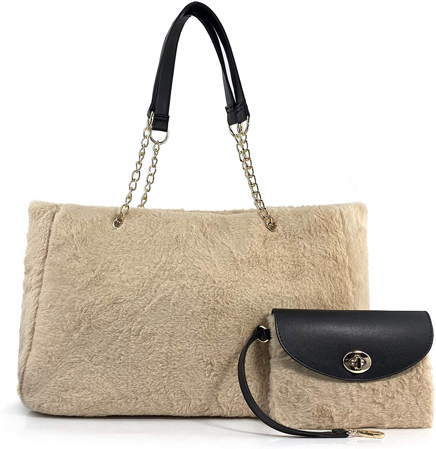 Price:$19.90 Fur Carryall Tote Bag with Wristlet Clutch Women Chain Shoulder Handbag (Nude)  Handbags   