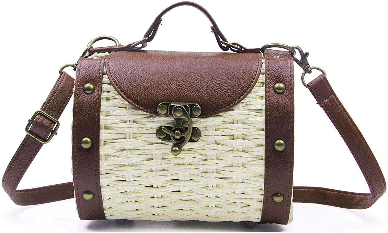 Price:$12.88 Oweisong Women Handmade Top Handle Straw Bags Wristlet Weave Travel Beach Shoulder Purse Crossbody Handbag  Handbags   