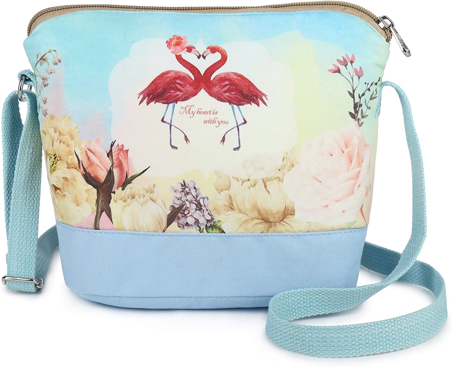 Price:$14.97 Crest Design Cute Canvas Crossbody Bag Shoulder Bag Purse for Girl and Teenage (Blue Flamingo)  Handbags   