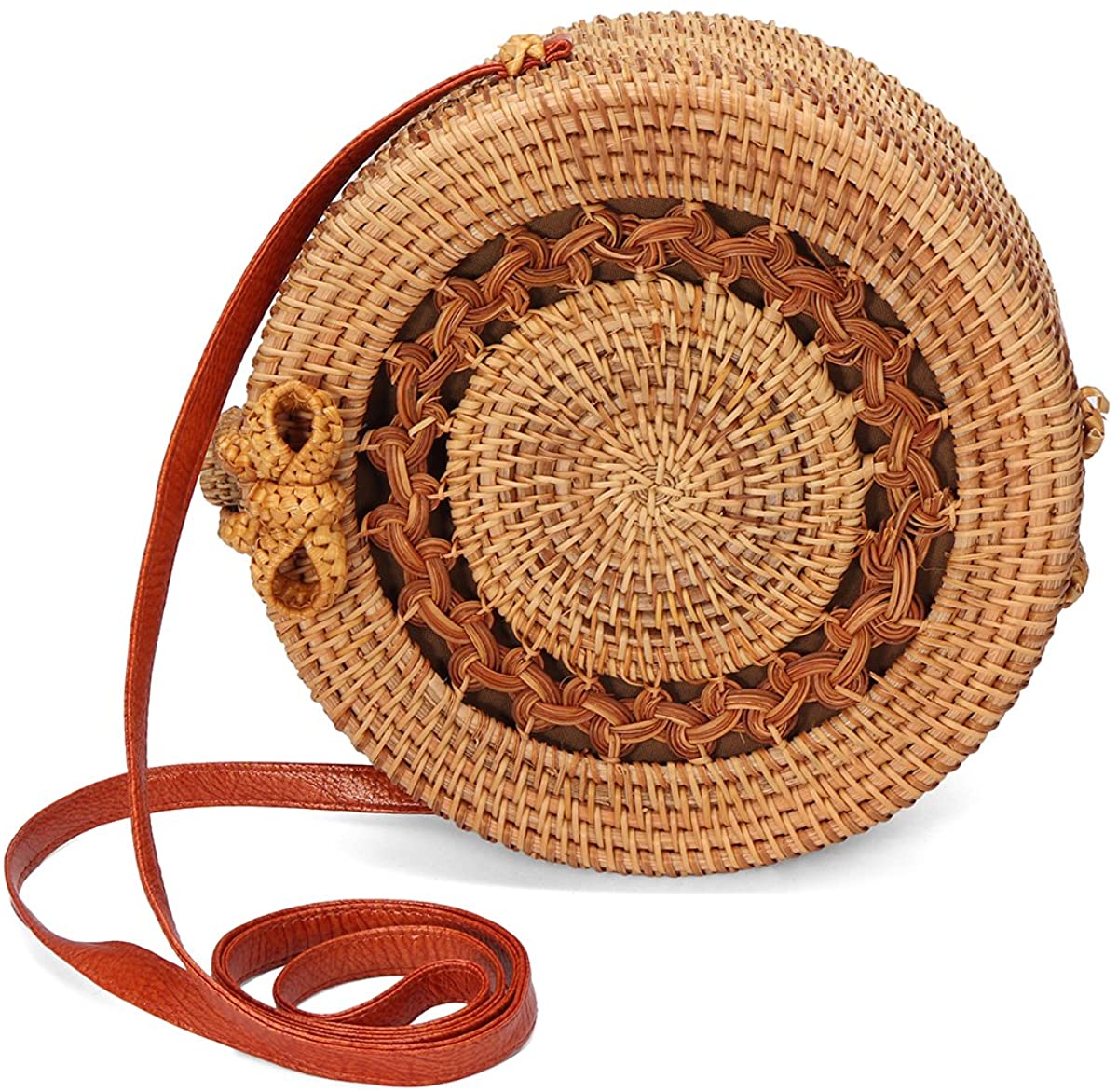 Price:$36.98    Handwoven Straw Round Rattan Bag with Leather Straps Natural Chic Handbag Shoulder for Beach/Winter Ornament Storage, 7.87''x3.15''  Clothing