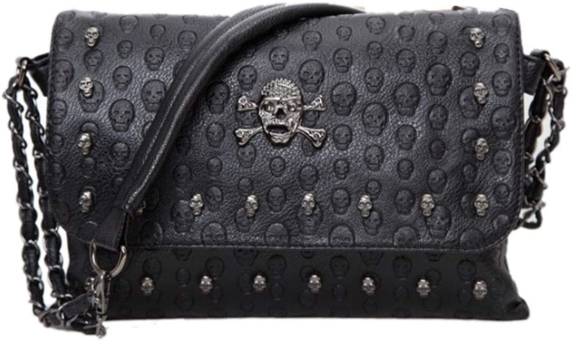 Price:$14.99    Rullar Punk Women Shoulder Top-handle Bag Skull Chain SatchelTote Handbag Purse Clutch Black  Clothing