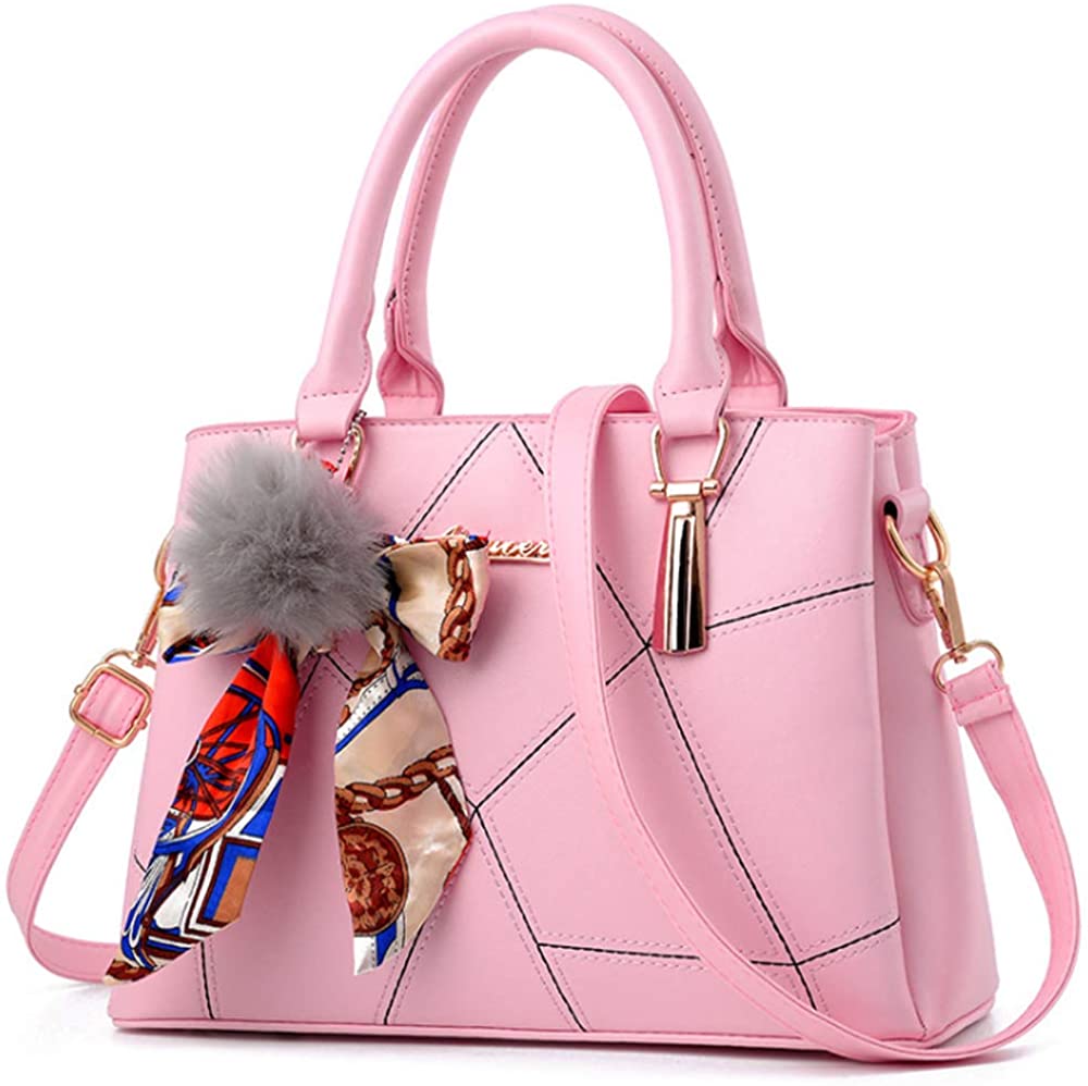 Price:$19.99    Rullar Women Girls Splice Satchels Shoulder Bag PU Leather Top-handle Bags Handbags and Purses Totes with Plush Pendant Pink  Clothing