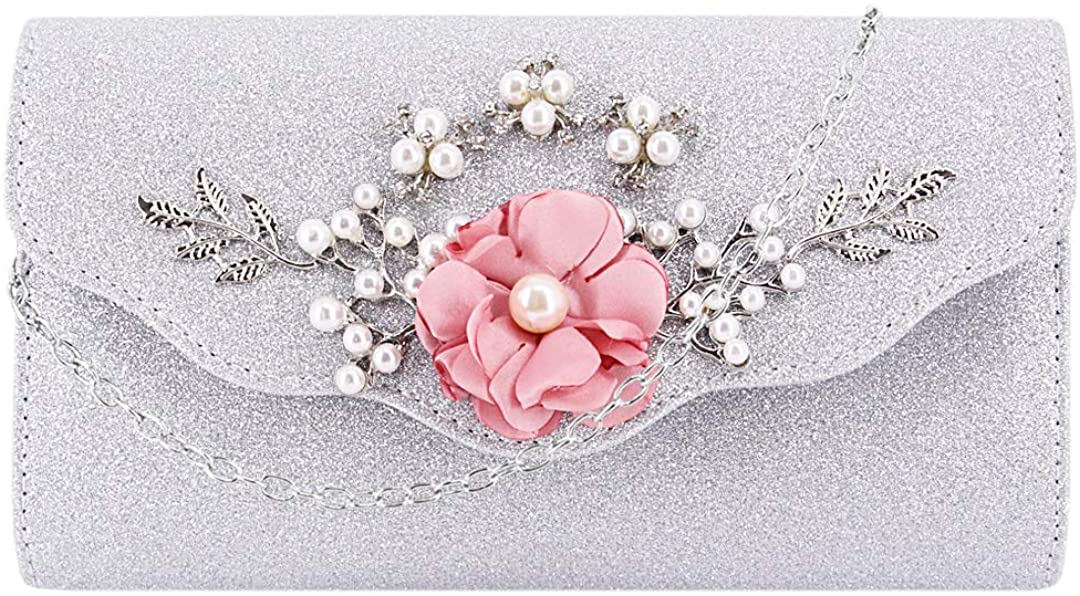 Price:$11.99 Gabrine Women Flower Clutch Evening Bag Glitter Pearls Shoulder Envelope Wedding Bag Party Cross Body Handbags(Silver)  Handbags   