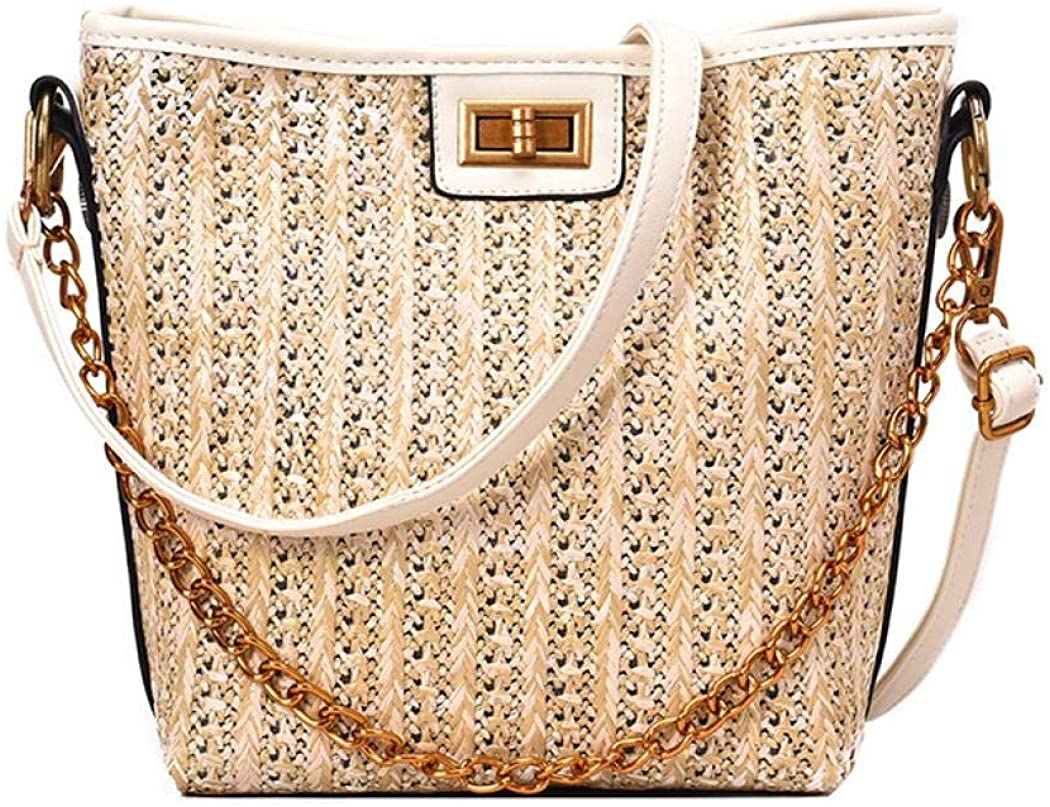 Price:$20.99 Puedo Handmade Straw Bag Women Rattan Woven Shoulder Handbag Summer Beach Crossbody Bag With Chain (White)  Handbags   