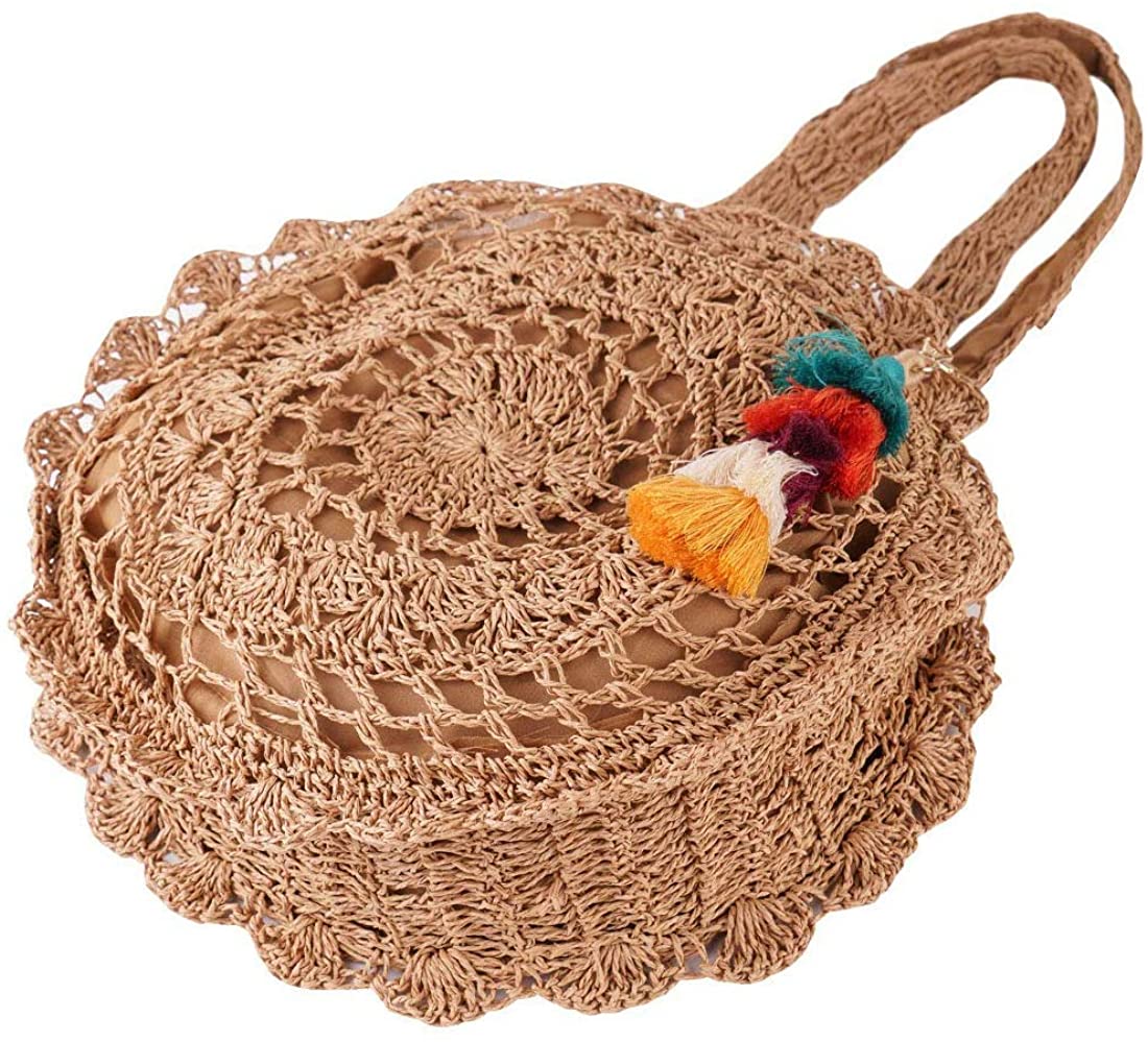 Price:$15.99    Women Round Soft Straw Handbags Satchel Large Summer Beach Woven Shoulder Bag Tote Crochet Beach Bag  Clothing