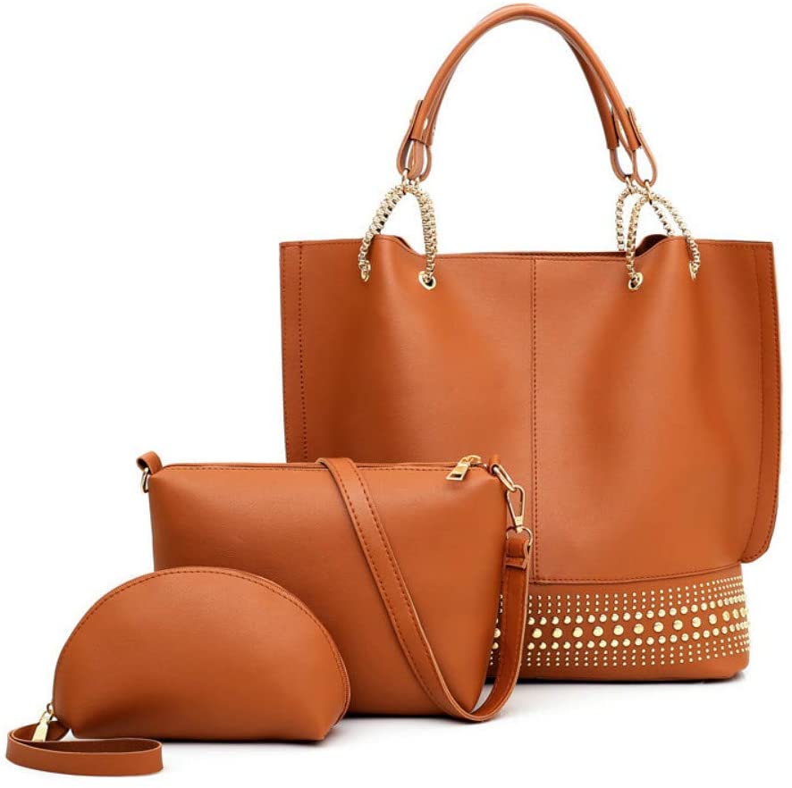 Price:$21.99    Downupdown 3PCS/Set Women Lady Leather Rivet Chain Bag Set Shoulder Bag Handbag Satchel Clutch Coin Purse Messenger Satchel Shopping Bag (Brown)  Clothing