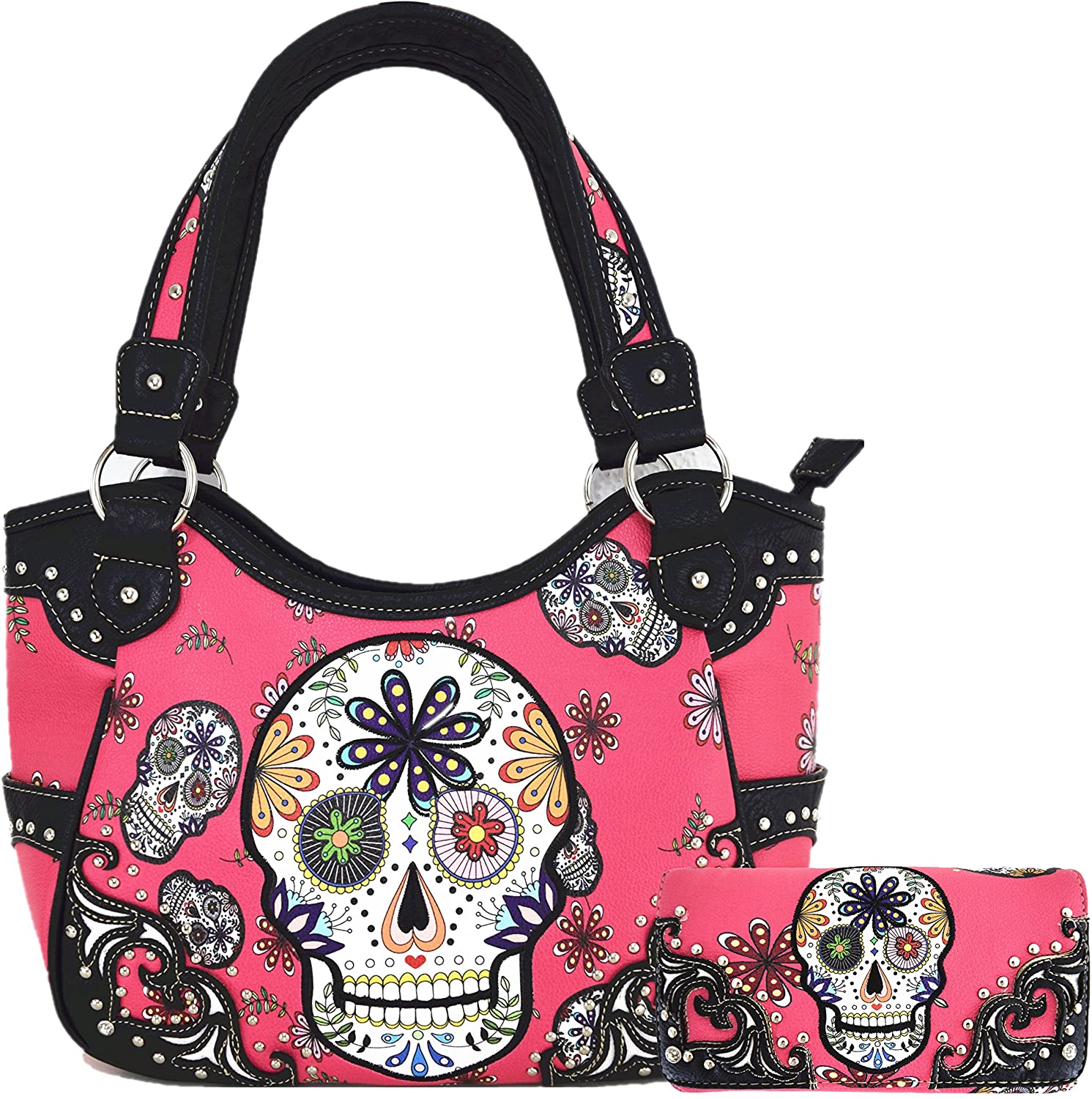 Price:$59.95 Sugar Skull Day of the Dead Concealed Carry Purse Handbags Western Women Shoulder Bag Wallet Set Fuchsia  Handbags   