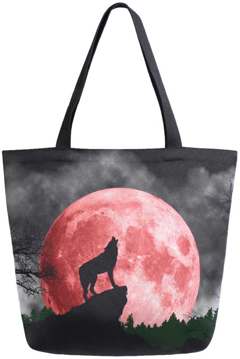 Price:$15.98    ZzWwR Magic Wolf Howling at Red Moon Extra Large Canvas Shoulder Tote Top Handle Bag for Gym Beach Travel Shopping  Clothing
