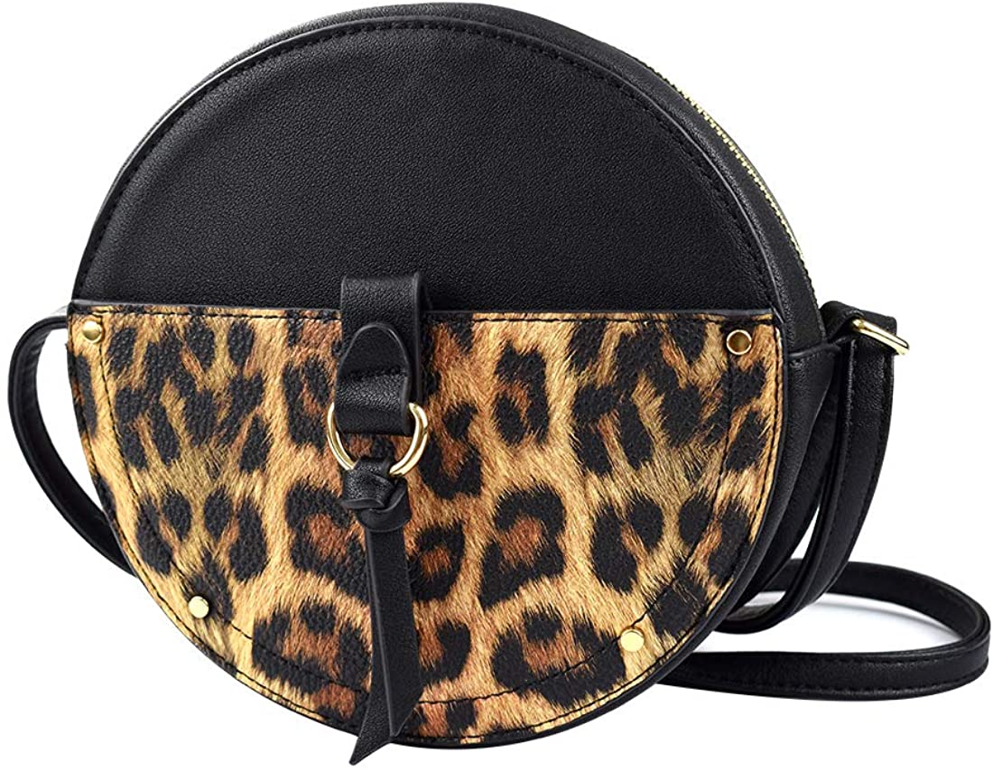 Price:$26.95 Round Crossbody Purse for Women Small PU Leather Zipper Shoulder Bag Black-body Mini Circle Crossbody Bags for Teen Girls (Leopard Pattern)  Handbags   
