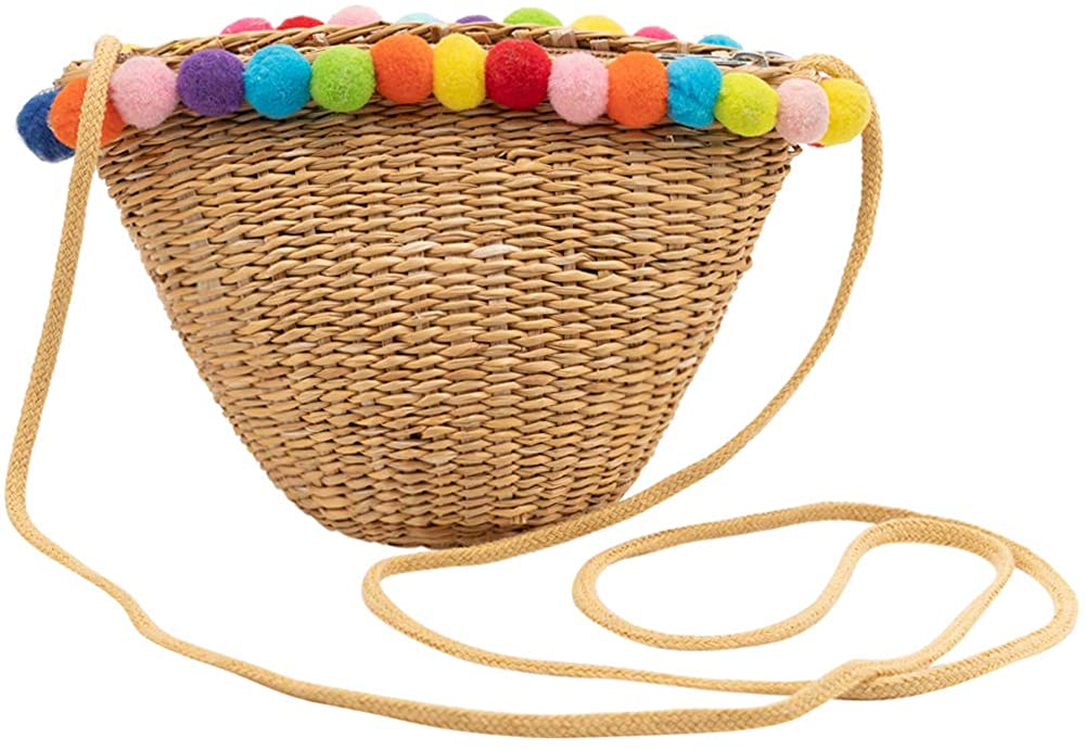 Price:$9.99 Womens Kids Girls Summer Beach Straw Bag Super Mini Shoulder Bag Colorful Pom Poms Fashion Shopping Purse  Handbags   