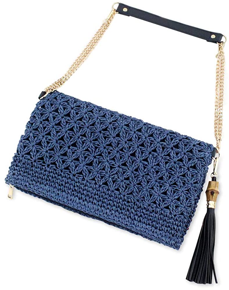Price:$9.99 QTKJ Women's Summer Beach Straw Crochet Handbags Shoulder Bag Tassels Fashion Clutch with Zipper (Navy Blue)  Handbags   