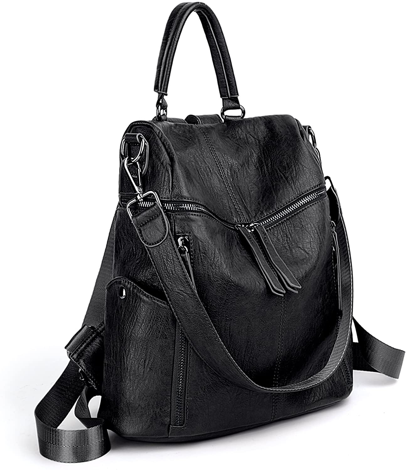 Price:$19.99    UTO Women Backpack Purse PU Washed Leather 3 Ways Ladies Rucksack Zipper Shoulder Bag B Black  Clothing
