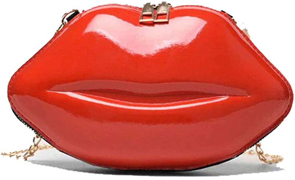 Price:$13.99 Women's Lip Shaped Evening Bag Crossbody Shoulder Bag PVC Solid Color Zipper Party Purse, Red  Handbags   