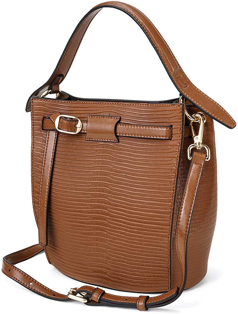 Price:$59.99 LAORENTOU Cowhide Leather Shoulder Bags for Women Small Bucket Bags Designer Cross body Bags Ladies Handbag (Brown)  Handbags   