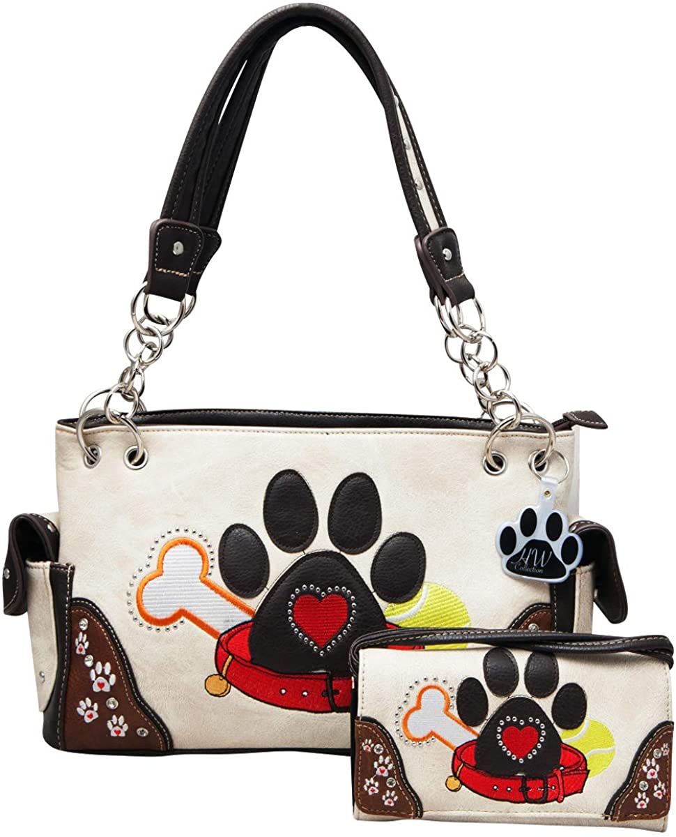 Price:$65.95 HW Collection Dog Paw Print Handbag Carry Concealed Shoulder Purse Wallet Set (Beige)  Handbags   