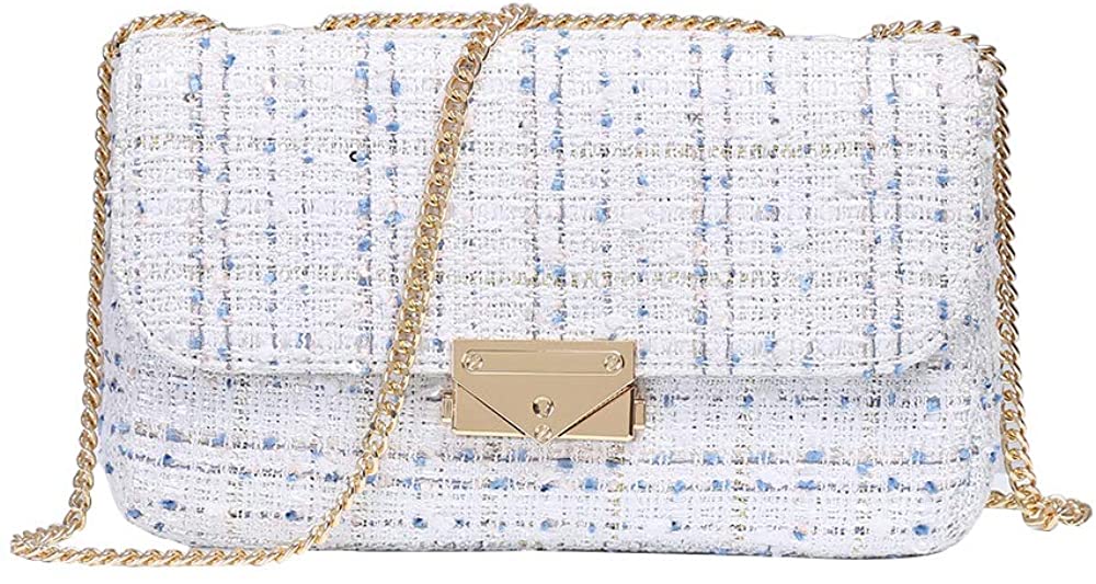 Price:$19.99 Women Fashion Bag Square Stereotype Tweed Woven Fabric Cross Body Chains Shoulder Lady Bag (White)  Handbags   