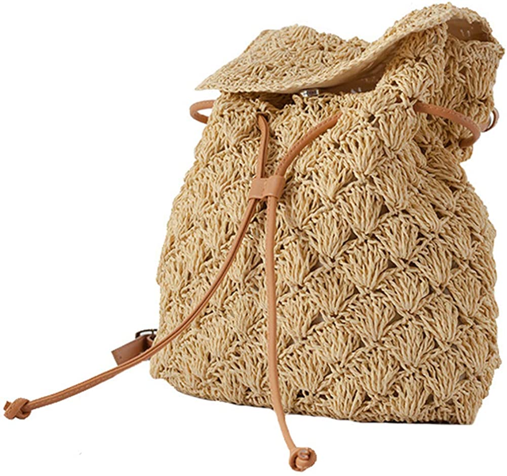Price:$41.99    Lightweight Beige Straw Backpack Hollow out Mini Summer Shoulder Beach Bags for Women  Clothing
