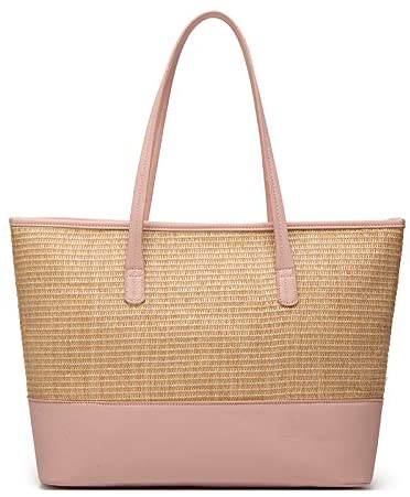 Price:$20.89    Women Straw handbag Tote bag Portable Shoulder bag Shopping Satchel Summer Beach bag (Pink)  Clothing