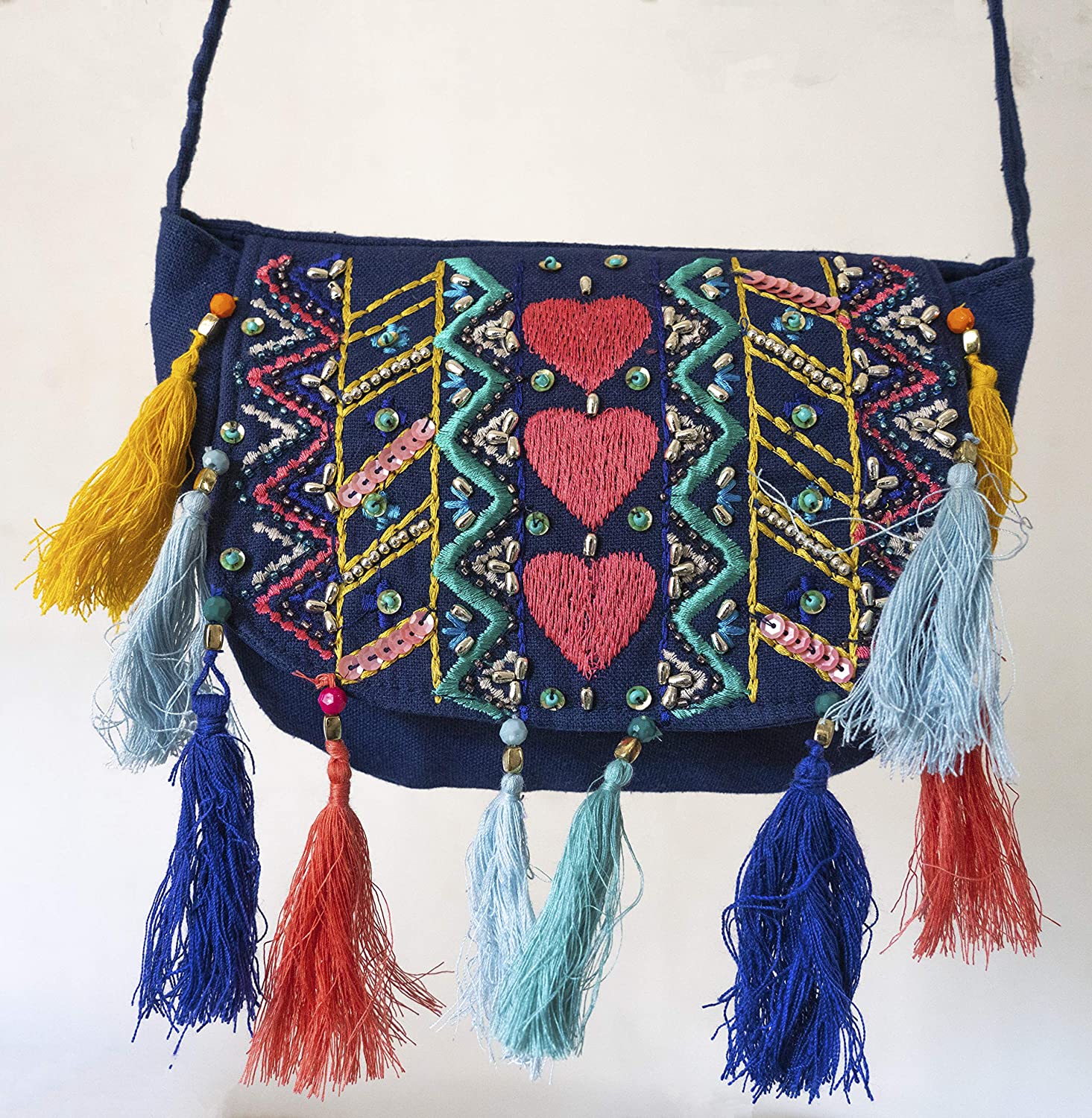 Price:$9.45 small cotton cross Body Shoulder Bag cell phone travel pouch Blue Boho light weighted for girls teen rakhi gift gifts for sister  Handbags   