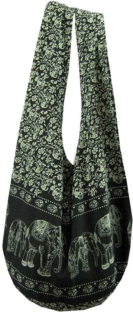 Price:$13.99    BTP! Elephant Floral Print Sling Crossbody Shoulder Bag Purse Hippie Hobo Thai Cotton Gypsy Bohemian Large (Black YI-1)  Clothing