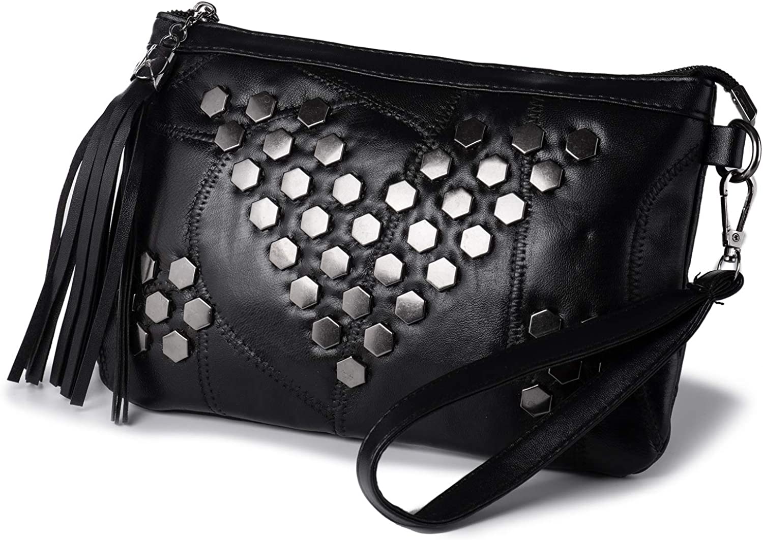 Price:$17.99 Small Cross Body Bag for Women Retro Tassel Studs Ladies Handbag Shoulder Purse Bag Clutch with Shoulder and Wrist Strap (Black-Metal V)  Handbags   