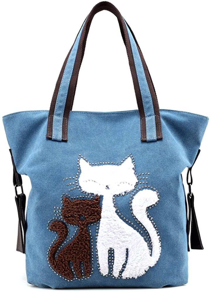 Price:$23.99    Women Canvas Shoulder Bag Lovely Cat Casual Handbag Purse Tote Bag for Women Ladies Girls School Work Shopping Travel (Blue)  Clothing
