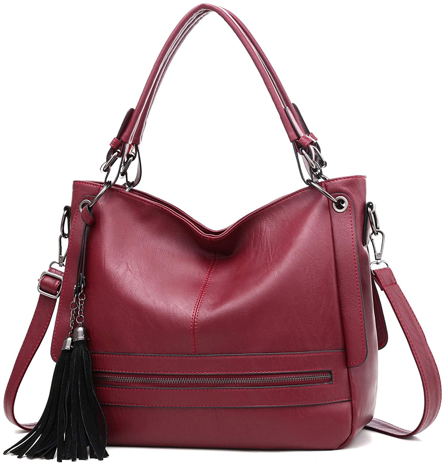 Price:$19.99    Women Bucket Hobo Purse Red PU Leather Ladies Large Satchel Handbag Dual Handle Shoulder Tote Bag with Crossbody Straps  Clothing